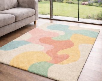 Pastel Abstract Wave Hand-Tufted Wool Area Rug - Modern Scandi Home Decor.