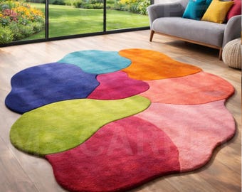 Hand-Tufted Organic Wool Rug – Abstract Multicolored Blob Shape Area Carpet