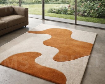 Hand Tufted Wool Rug, Abstract Beige Rust Area Carpet, New Zealand Wool Home Decor