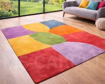 Hand-tufted Wool Abstract Floral Rug – Modern Colorful Living Room Carpet