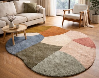 Hand-Tufted Wool Round Rug – Abstract Geometric Earth Tones Living Room Accent