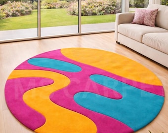 Round Hand-Tufted Wool Rug – Retro Wave Abstract Carpet, Magenta Orange Blue