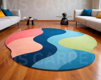 Hand-Tufted Wool Wavy Rug – Modern Scalloped Design, Coral, Navy, Blue, Green