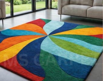 Modern Abstract Multicolor Wool Rug, Hand Tufted Designer Area Rug, Contemporary Geometric Carpet, Luxury Living Room Rug, Colorful Statemen