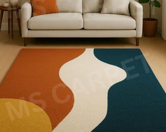 Handmade Abstract Wool Rug – Modern Wavy Design, Rust Teal Cream