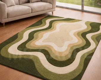 Hand-tufted Wool Wavy Area Rug – Sage Green Topographic Living Room Carpet