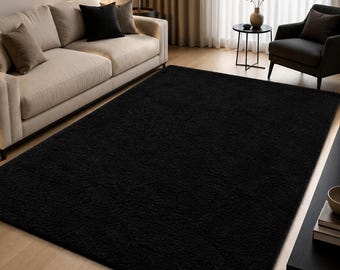 Black Hand Tufted Wool Rug, Luxury Solid Area Rug, Modern Shag Carpet, Soft Plush Living Room Bedroom Decor custom size and colour available