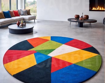 Hand-Tufted Wool Round Rug – Colorful Geometric Abstract Carpet