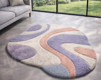 Hand-Tufted Organic Wool Rug, Modern Pastel Wave Design