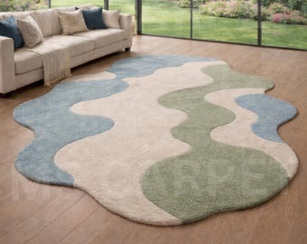 Hand-Tufted Wool Rug – Abstract Wavy Design, Sage Green & Blue