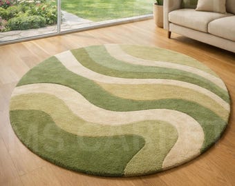 Hand-Tufted Wool Rug: Sage Green Wave, Modern Abstract Design