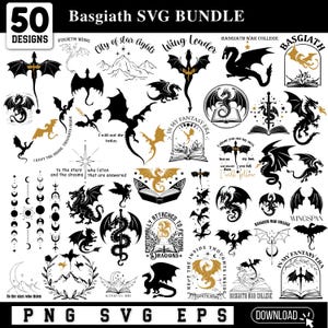 Peut inclure: Un ensemble de designs numériques avec 50 motifs SVG sur le thème des dragons en noir et or. Les motifs comprennent des dragons, des ailes et des éléments textuels comme "City of Star Lights" et "Basgiath War College". Les designs sont pour les formats PNG, SVG et EPS.