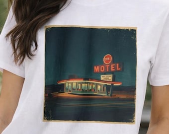 Koszulka z motywem motelu w stylu vintage, koszulka z motywem retro podróży, koszulka z grafiką w stylu amerykańskim, koszulka z motywem podróży, koszulka z motywem vintage podróży, koszulka z napisem motelu, koszulka z grafiką w stylu retro