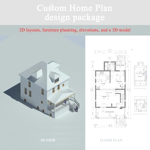 Può includere: Un pacchetto di progettazione di planimetrie personalizzate con un modello 3D e layout 2D. L'immagine mostra una vista 3D di una casa bianca con un portico e una planimetria con dimensioni. Il testo include "Custom Home Plan design package".