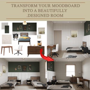 Puede incluir: Imagen conceptual de diseño de interiores con el texto "TRANSFORM YOUR MOODBOARD INTO A BEAUTIFULLY .DESIGNED ROOM." La imagen muestra un antes y un después de un diseño de dormitorio, con muebles y decoración.