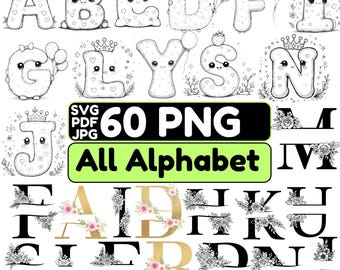 60 Personalized Alphabet Coloring Pages PNG Bundle | Kawaii Letters A-Z | Floral Monogram Alphabet Clipart | Kids Printable Coloring