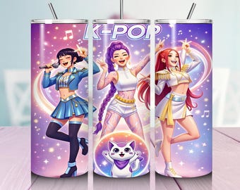 Paquete de imágenes PNG de envolturas para vasos térmicos K-Pop Huntrix de 20 oz, vaso térmico Demon Hunters, regalo para fans de Huntrix, vaso térmico delgado del grupo Kpop