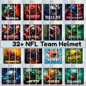 May include: A selection of NFL team helmet designs on tumblers. Each tumbler displays a team's helmet, logo, and colours, including Raiders, Chiefs, Cowboys, Texans, Ravens, Falcons, Vikings, and Eagles. The text reads "32+ NFL Team Helmet."