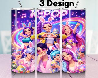 Anime K-Pop Girl Group Easter Tumbler Wrap PNG | 20oz Skinny Sublimation Design | Cute Bunny Music Lover Gift | Pastel Rainbow Kpop Cup Wrap