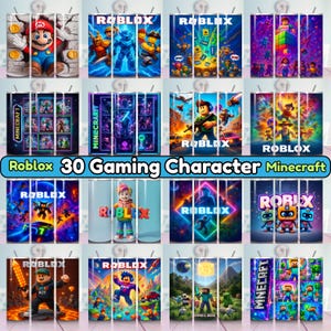 Puede incluir: Una colección de vasos de acero inoxidable de 590 ml con diseños vibrantes de los videojuegos Roblox y Minecraft. Cada vaso muestra personajes y escenas coloridas, con el texto "Roblox 30 Gaming Character Minecraft".