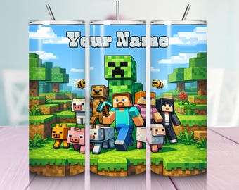 Personalized Block Game Tumbler Wrap PNG | Minecraft-Inspired Characters | Custom Name Kids Tumbler Design | Sublimation 20oz Skinny Tumbler