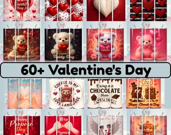 60+Valentine's Day Tumbler Wrap Bundle | 20 oz Skinny Tumbler Design PNG Sublimation | Cute Teddy Bear Love Heart Chocolate Day Propose Day
