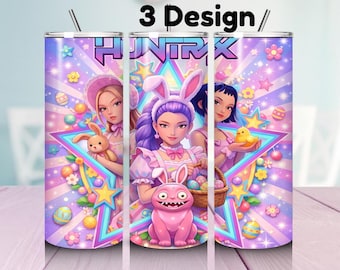 Anime K-Pop Girl Group Easter Tumbler Wrap PNG | 20oz Skinny Sublimation Design | Cute Bunny Pastel Rainbow Cup Wrap | Music Lover Gift