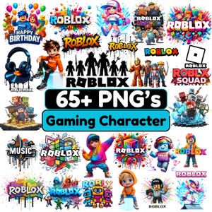May include: A collection of colorful Roblox-themed PNG graphics. The image features various characters, logos, and text elements, including "Happy Birthday," "65+ PNG's," and "Gaming Character." The designs are vibrant and suitable for digital projects.