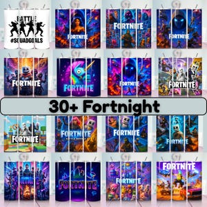 May include: A collection of insulated tumblers featuring various designs related to the video game Fortnite. The tumblers display characters, logos, and scenes from the game, with vibrant colors and graphics. The text "30+ Fortnight" is also visible.