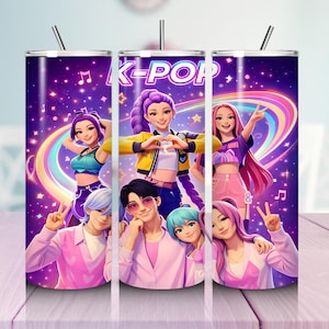 May include: A K-POP themed tumbler with a vibrant design featuring a group of animated characters. The tumbler has a purple background with musical notes and stars. The characters are in colorful outfits, with the word "K-POP" displayed prominently.