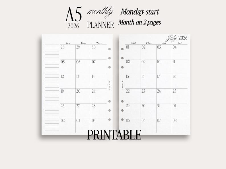 Printable 2026 Monthly Planner A5 | Sunday Start, Notes Page (printable ...