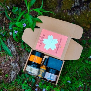 May include: A cardboard box with an open lid, containing several jars and bottles of skincare products. The jars have labels with text like "WILD", "REFRESH", "ARISE", and "PEACE CREAM". A card with a flower graphic and the text "LET PEACE BLOOM HERE" is also inside.