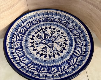 Vintage Talavera Mexico Hand Painted Blue White Plate Signed Large  shallow Bowl/platter 12”