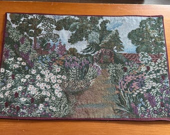 Vintage Tapestry placemats 4  garden / flowers path with arbor . Larger size 19” x 12”.