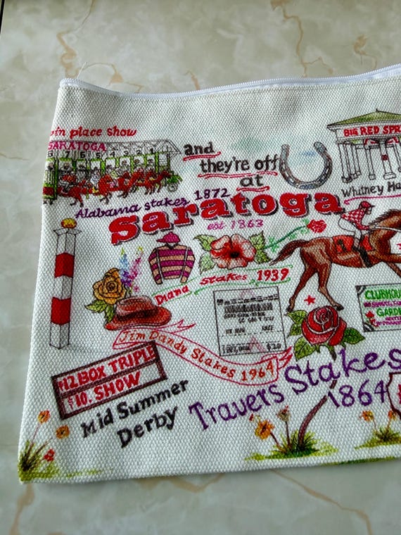 Saratoga “and they’re off at Saratoga” cosmetic/ travel bag 9” x 7” Rare. View 3