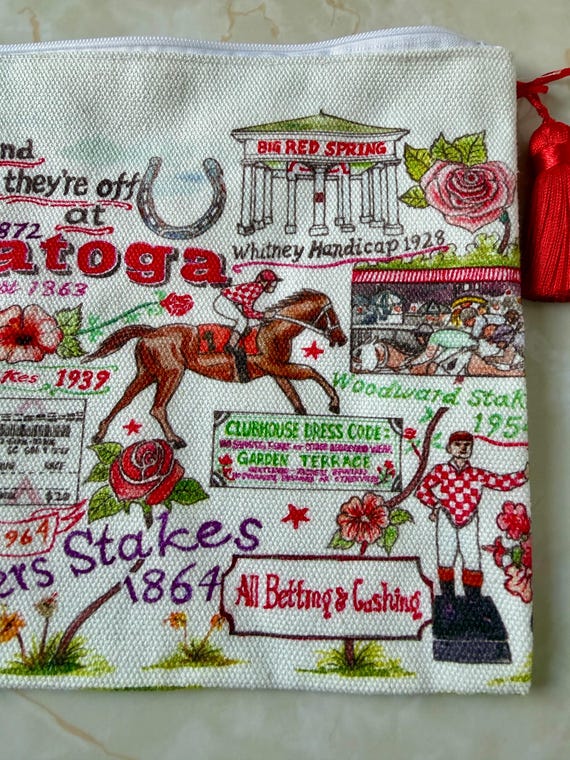 Saratoga “and they’re off at Saratoga” cosmetic/ travel bag 9” x 7” Rare. View 2
