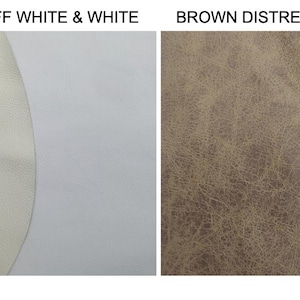 May include: Two distinct material swatches. The left side displays a smooth, solid off-white and white surface labeled OFF WHITE & WHITE. The right side shows a textured, weathered brown surface with a cracked pattern labeled BROWN DISTRESS.