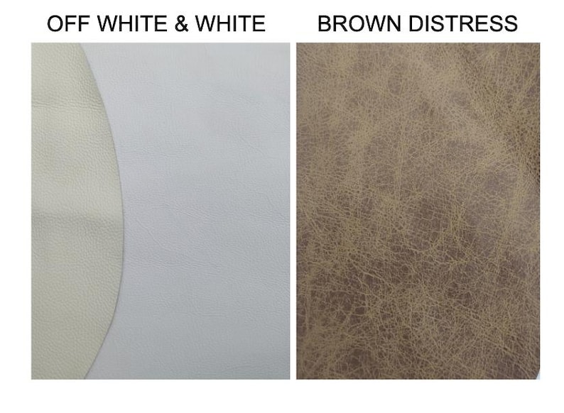 May include: Two distinct material swatches. The left side displays a smooth, solid off-white and white surface labeled OFF WHITE & WHITE. The right side shows a textured, weathered brown surface with a cracked pattern labeled BROWN DISTRESS.