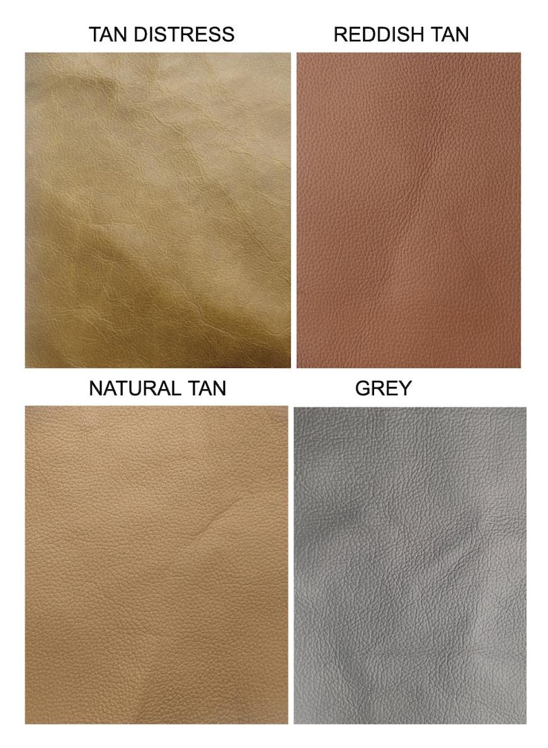 May include: A grid of four leather swatches labeled Tan Distress, Reddish Tan, Natural Tan, and Grey. Each swatch displays a distinct color and texture, showing the variations in the material surface across the four different color options.