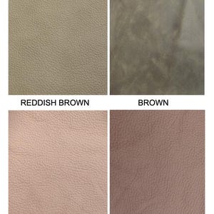 May include: A grid of four textured material swatches labeled with their respective colors: tan, olive green, reddish brown, and brown. Each square displays a distinct surface grain and color variation, providing a clear visual reference for the material.