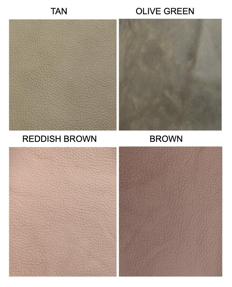 May include: A grid of four textured material swatches labeled with their respective colors: tan, olive green, reddish brown, and brown. Each square displays a distinct surface grain and color variation, providing a clear visual reference for the material.