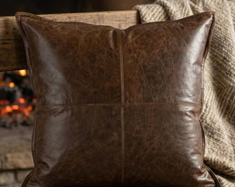 Genuine Leather Pillow Cover, Rustic Throw Pillow, Farmhouse Decor, Custom Size Cushion