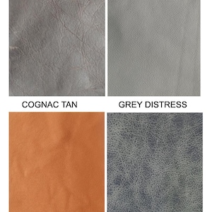 May include: A grid of four leather swatches labeled Choco Brown, Dark Brown, Cognac Tan, and Grey Distress. The Choco Brown is a textured greyish-brown, Dark Brown is a smooth light grey, Cognac Tan is a solid orange-tan, and Grey Distress is a dark grey with a cracked, weathered texture.
