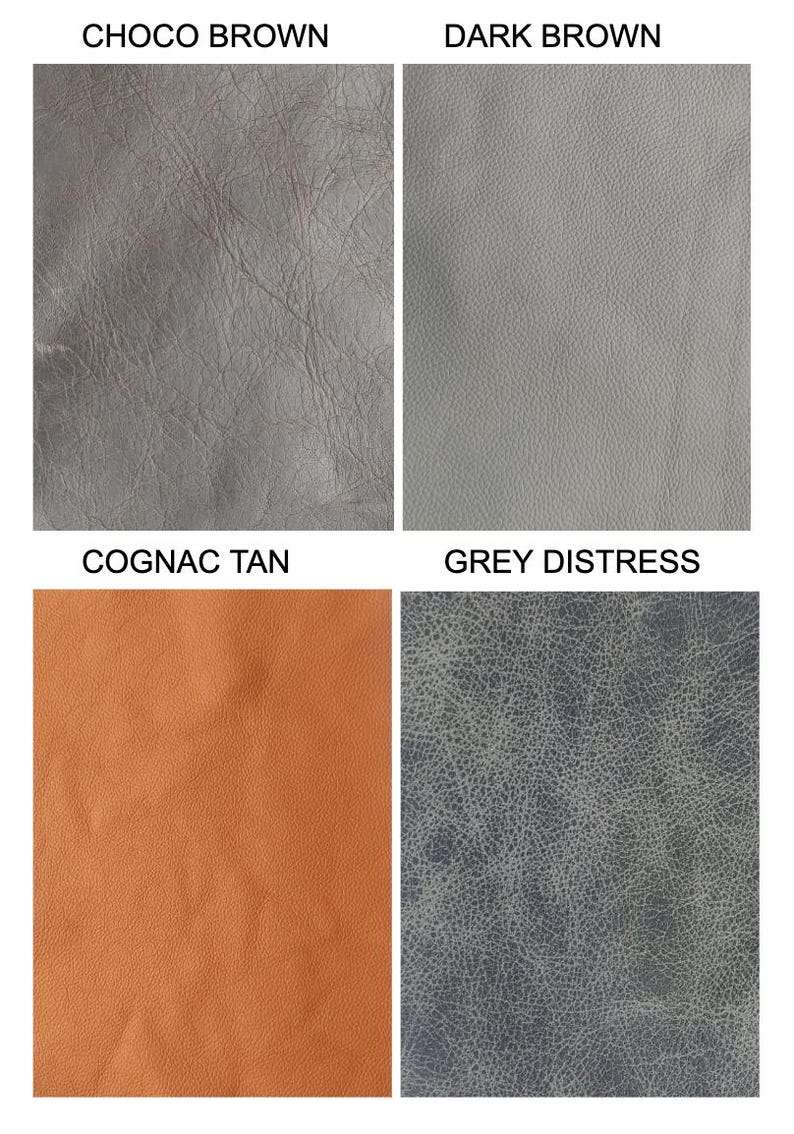 May include: A grid of four leather swatches labeled Choco Brown, Dark Brown, Cognac Tan, and Grey Distress. The Choco Brown is a textured greyish-brown, Dark Brown is a smooth light grey, Cognac Tan is a solid orange-tan, and Grey Distress is a dark grey with a cracked, weathered texture.