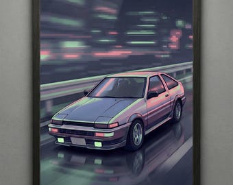 Póster digital de coche JDM / Arte retro japonés de drift / Impresión mural cyberpunk de neón urbano / Descarga digital de carreras callejeras de los 80
