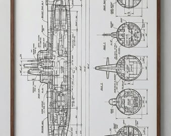 Submarine Blueprint Digital Poster | Vintage Naval Engineering Drawing | Nautical Wall Art | Military Submarine Technical Print