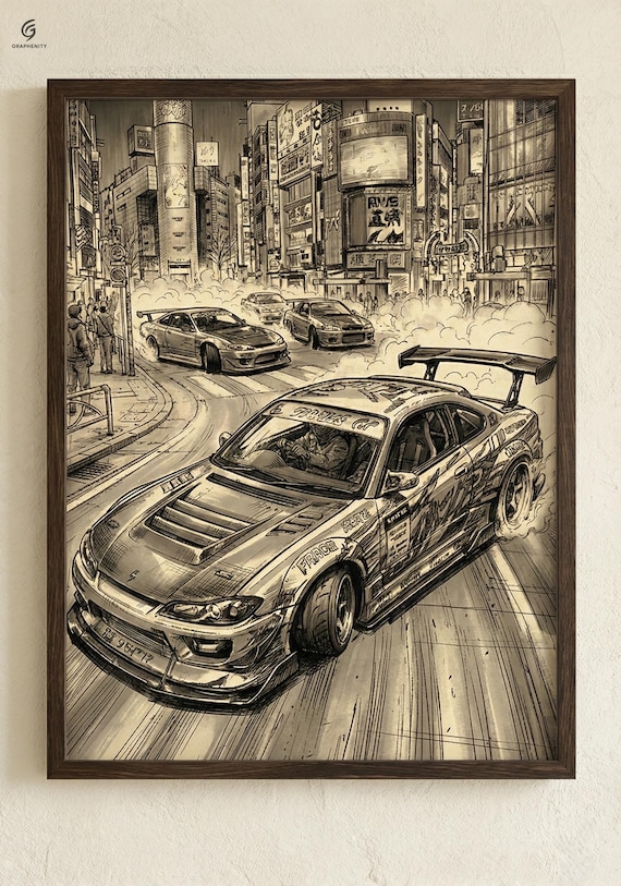 Japanese Drift Car Art Print | Tokyo Street Racing Poster | Manga