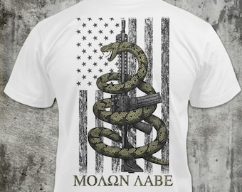 モロン・ラベ「カム・アンド・テイク・イット」 - ダメージ加工スネークライフル旗Tシャツ：愛国心あふれる憲法修正第2条
