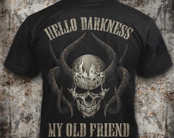 Hello Darkness My Old Friend - ダメージ加工の角付きスカルTシャツ：ゴシックホラースタイル