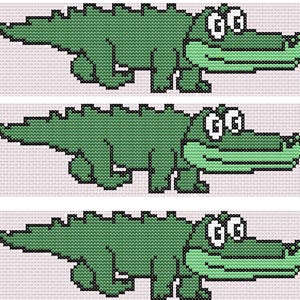 May include: Three identical cross-stitch patterns of a green alligator with white eyes and a light green snout. The alligator is walking to the right on a light pink background. The alligator has a jagged back and a long tail.